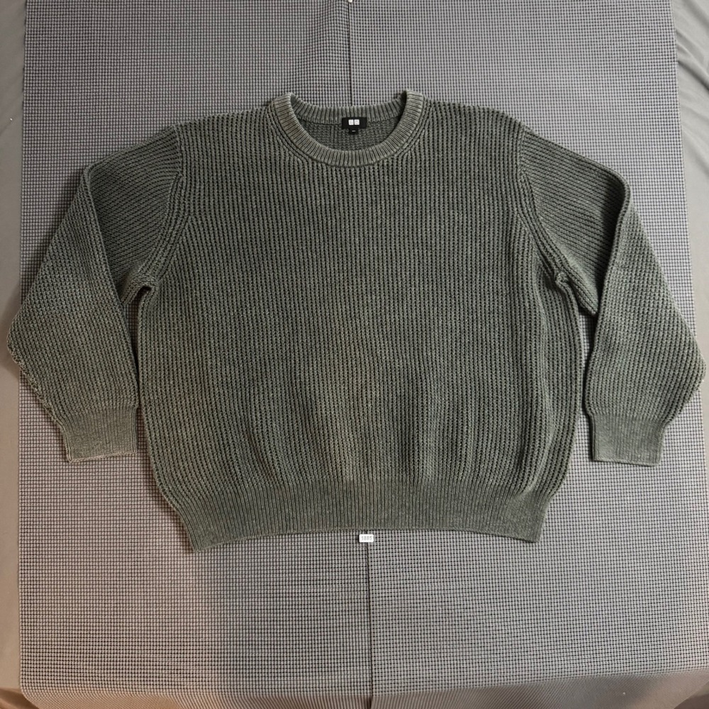 Uniqlo Mens XXL Olive Green Ribbed Shaker Stitch Crew Neck Raglan Sweater